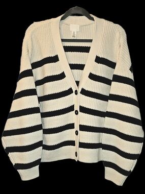 Striped Button-Up Cardigan Sweater - Black & Cream